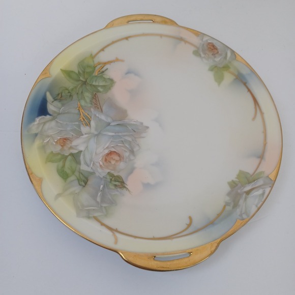 Royal Rudolstadt Hand Painted Prussia Plate White Roses Gold Trim Handles - Picture 8 of 13